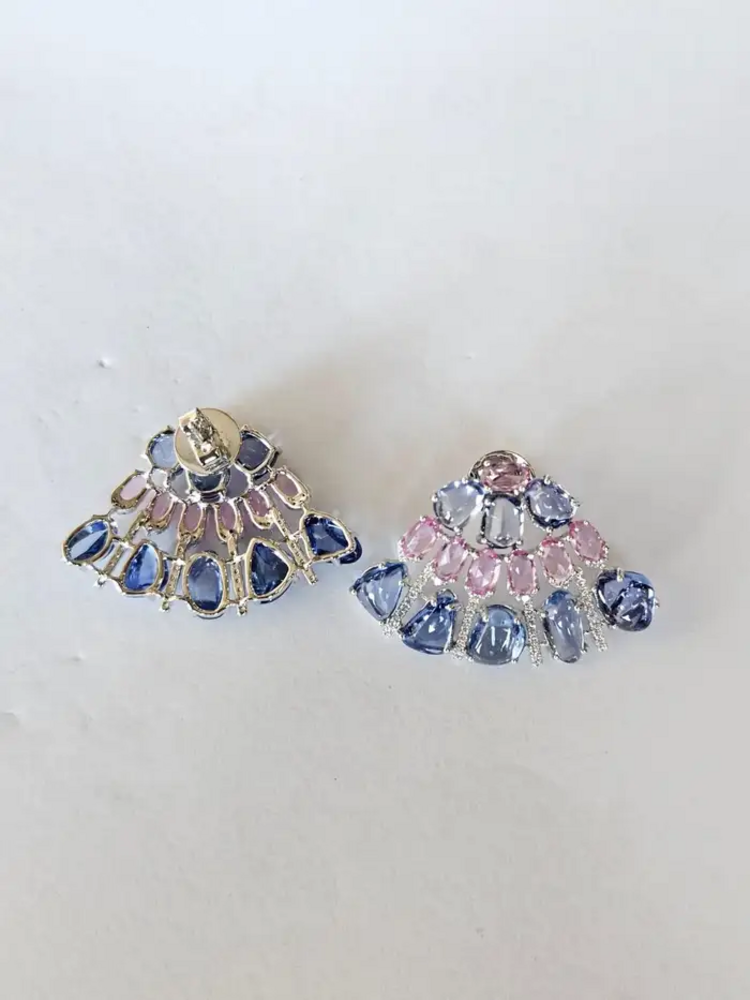18k White Gold Diamond Stud Earrings - Natural Blue & Pink Sapphire Women Jewelry