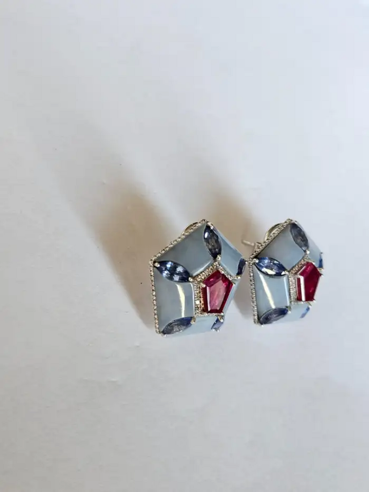 Natural Mozambique Ruby & Blue Opal Stud Earrings - 18k White Gold, Blue Sapphire & Diamond Earrings