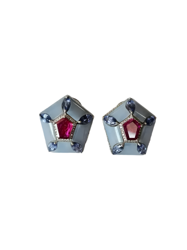 Natural Mozambique Ruby & Blue Opal Stud Earrings - 18k White Gold, Blue Sapphire & Diamond Earrings