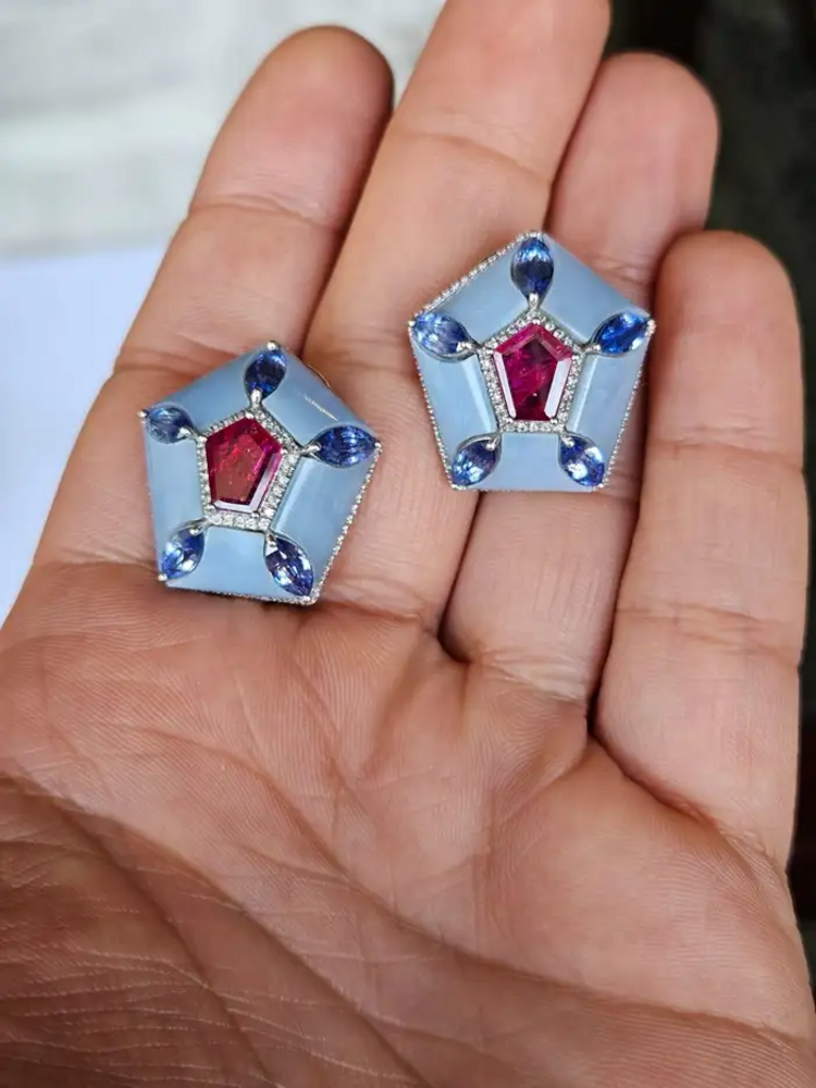 Natural Mozambique Ruby & Blue Opal Stud Earrings - 18k White Gold, Blue Sapphire & Diamond Earrings