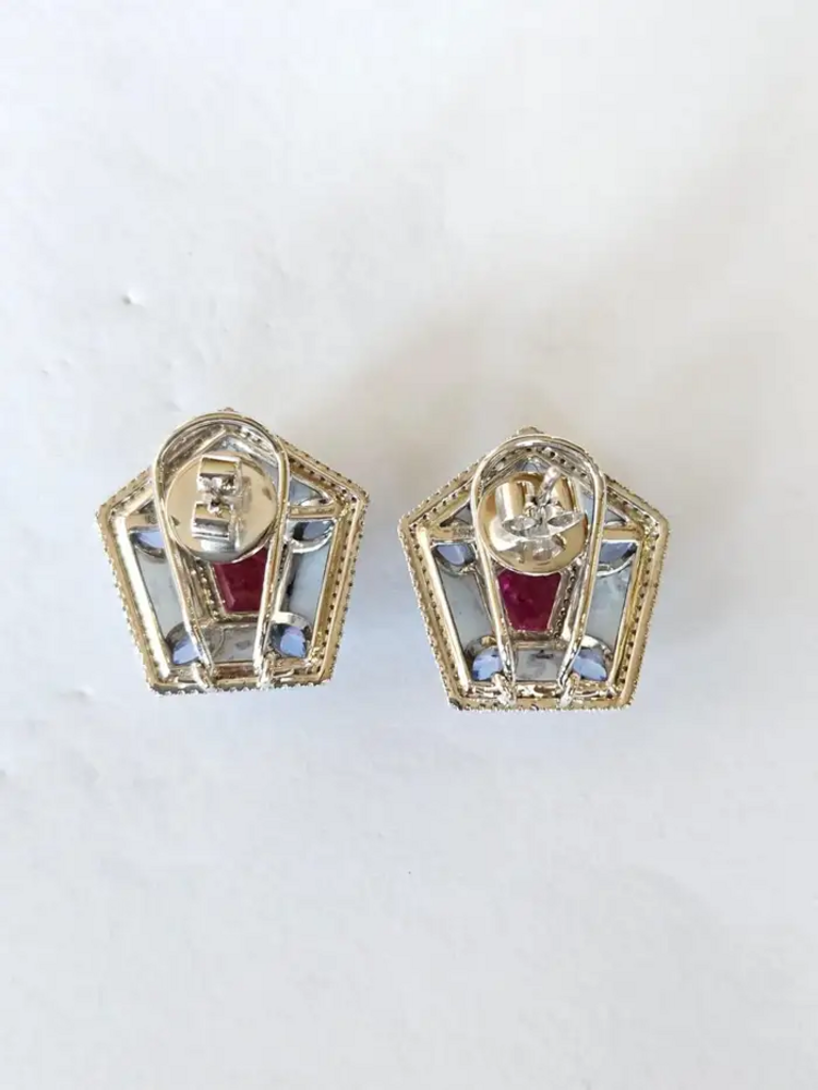 Natural Mozambique Ruby & Blue Opal Stud Earrings - 18k White Gold, Blue Sapphire & Diamond Earrings