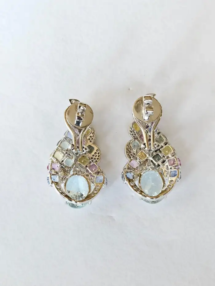 18k White Gold Diamond Chandelier Earrings - Natural Aquamarine & Multi Sapphire Earrings