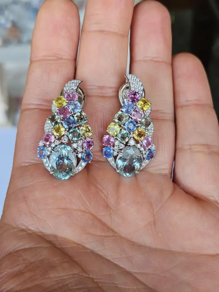 18k White Gold Diamond Chandelier Earrings - Natural Aquamarine & Multi Sapphire Earrings