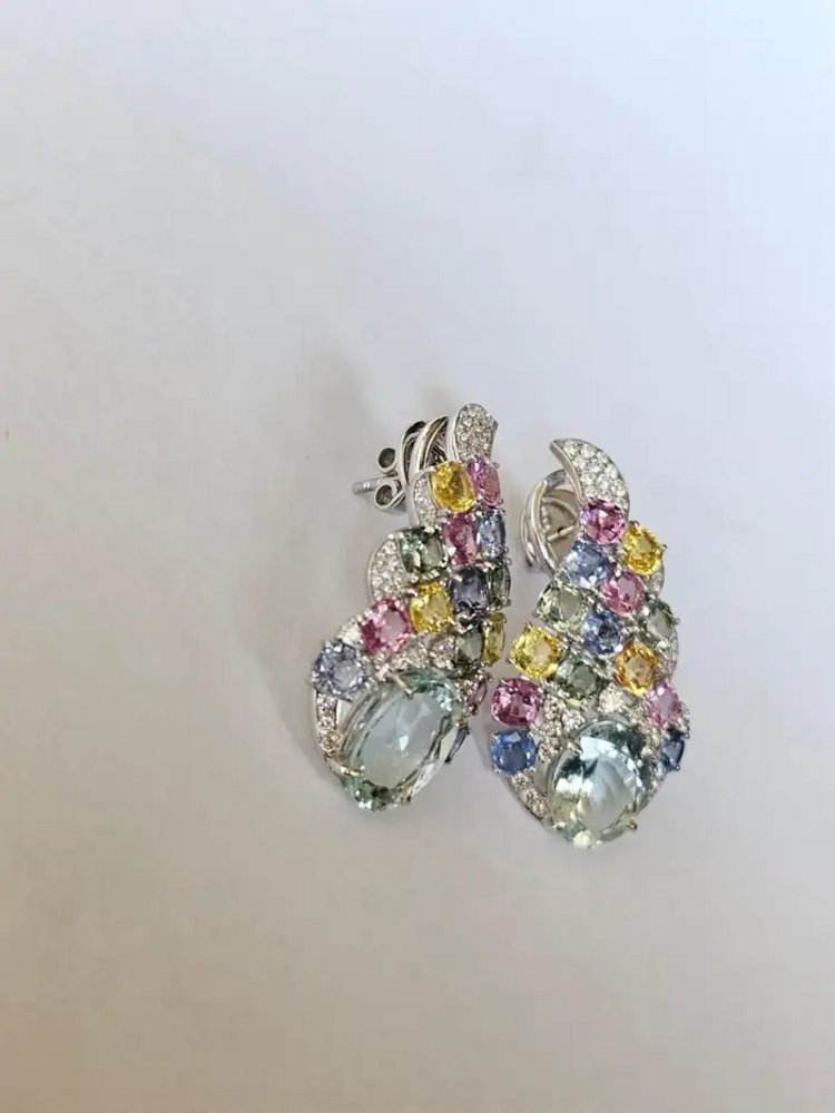 18k White Gold Diamond Chandelier Earrings - Natural Aquamarine & Multi Sapphire Earrings