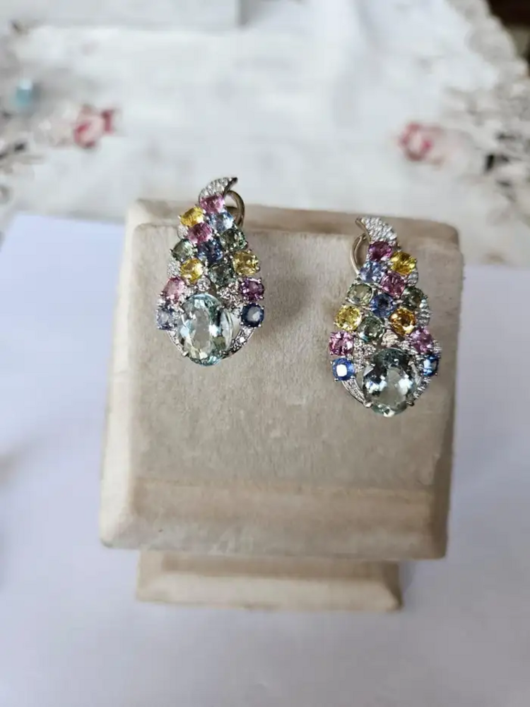18k White Gold Diamond Chandelier Earrings - Natural Aquamarine & Multi Sapphire Earrings