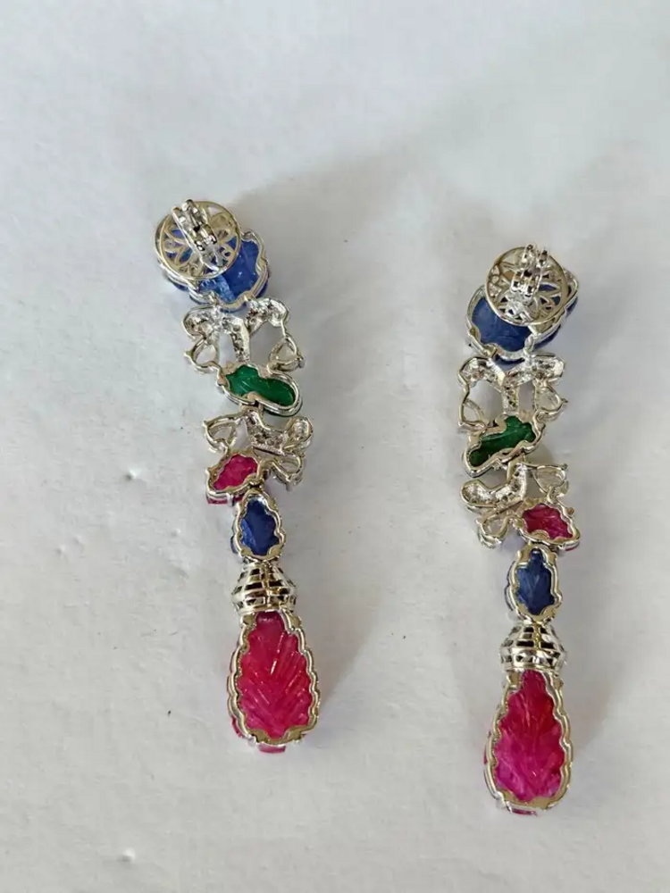 Natural Blue Sapphires, Emeralds, Rubies & Diamonds Chandelier Earrings - 18k White Gold Earrings