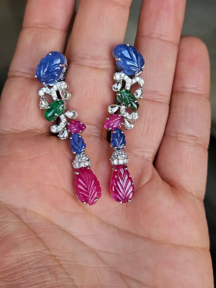 Natural Blue Sapphires, Emeralds, Rubies & Diamonds Chandelier Earrings - 18k White Gold Earrings