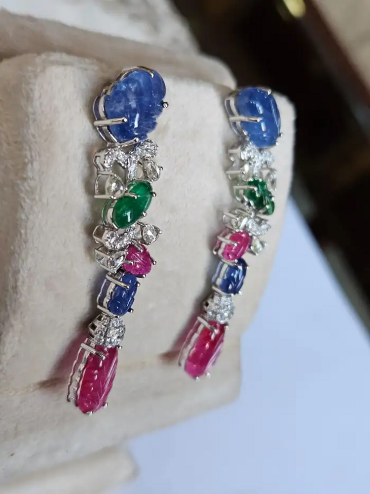 Natural Blue Sapphires, Emeralds, Rubies & Diamonds Chandelier Earrings - 18k White Gold Earrings