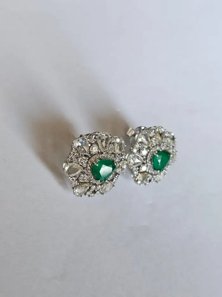 Natural Heart Shape Zambian Emerald Stud Earrings - 18k White Gold Rose Cut Diamond Tiny Earrings