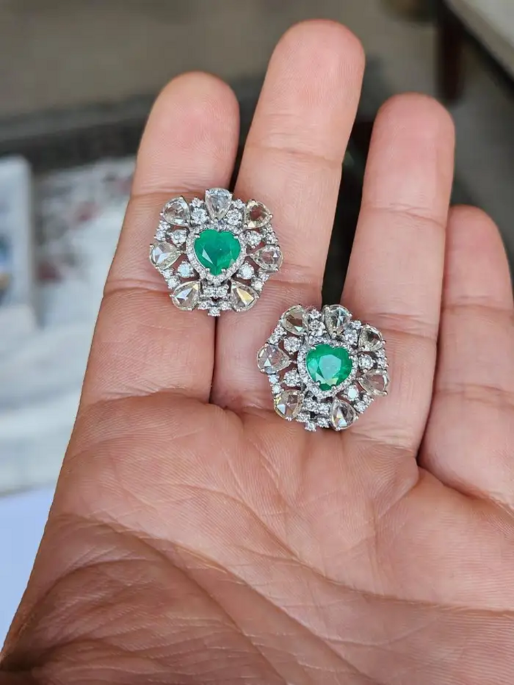 Natural Heart Shape Zambian Emerald Stud Earrings - 18k White Gold Rose Cut Diamond Tiny Earrings