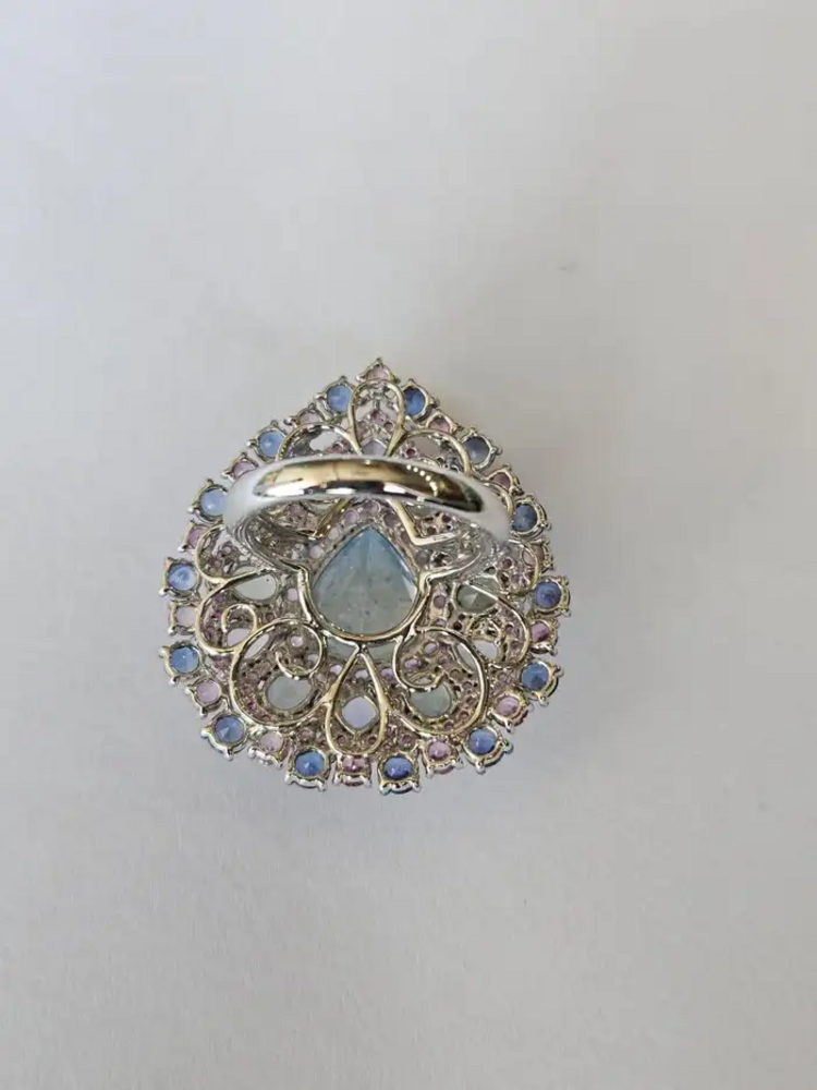 Natural Aquamarine & Multi Sapphire Gemstone Statement Ring - 18k White Gold Diamond Wedding Ring