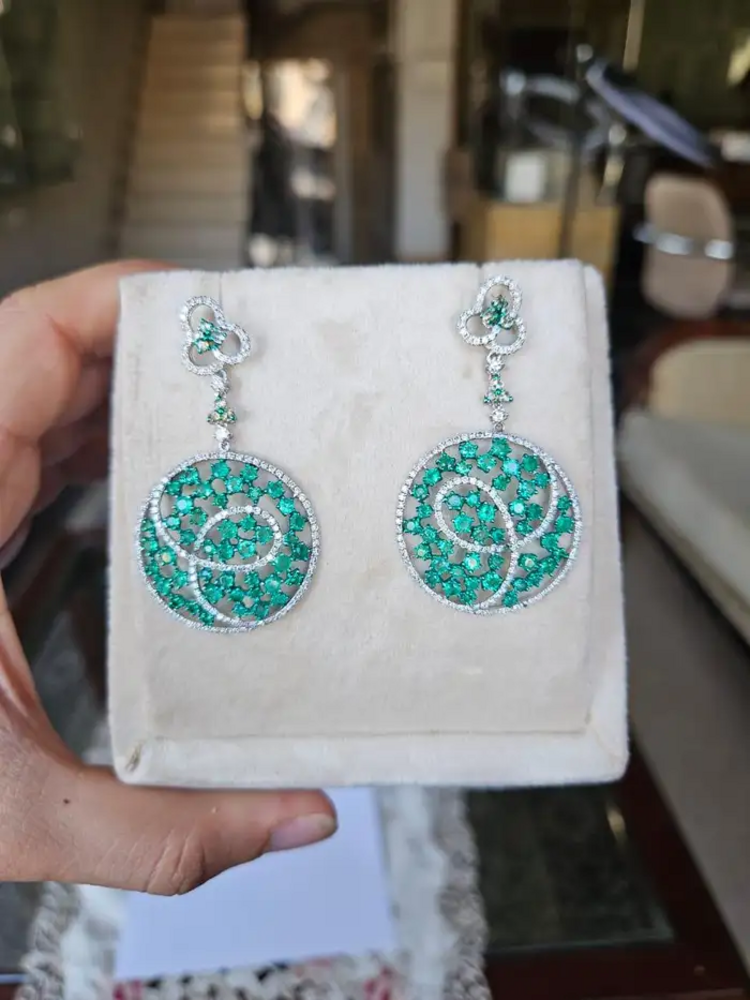Natural Colombian Emerald Dangle Earrings - 18k White Gold Diamond Chandelier Earrings