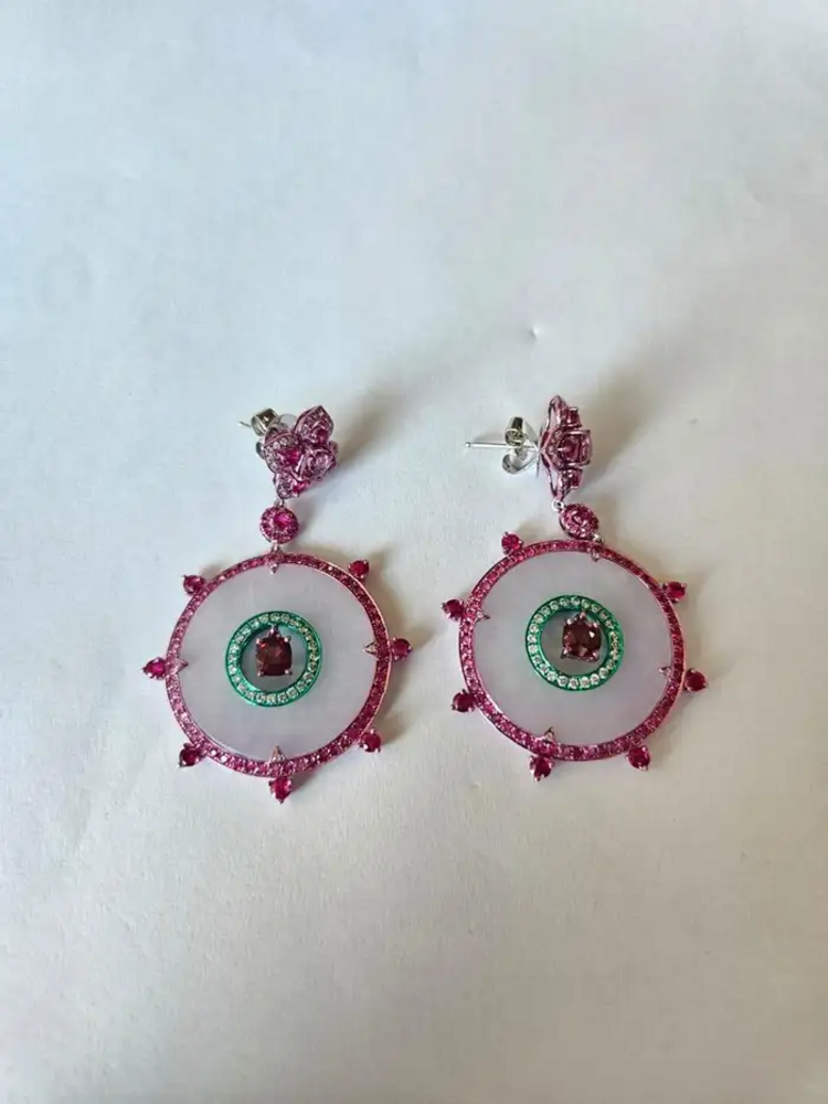 18k White Gold Handmade Diamond Dangle Earrings - Natural Spinel, Ruby, Pink Sapphires, Lavender Jade Earrings