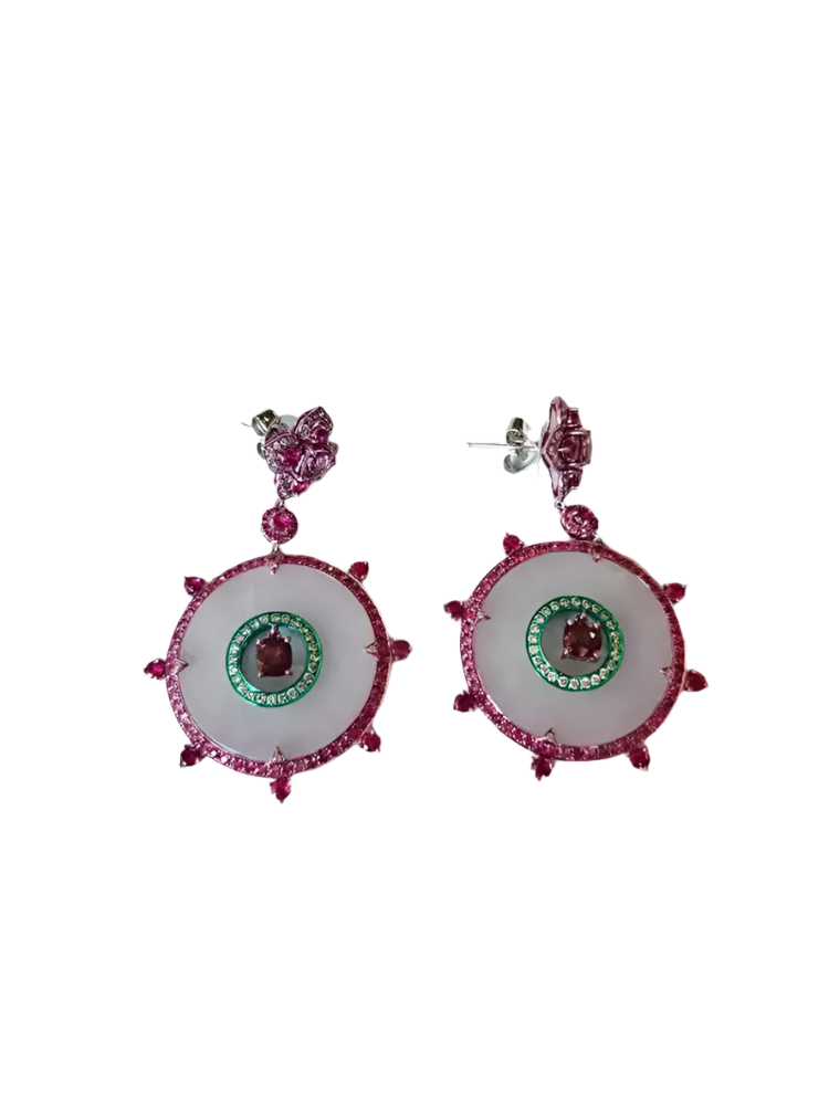 18k White Gold Handmade Diamond Dangle Earrings - Natural Spinel, Ruby, Pink Sapphires, Lavender Jade Earrings