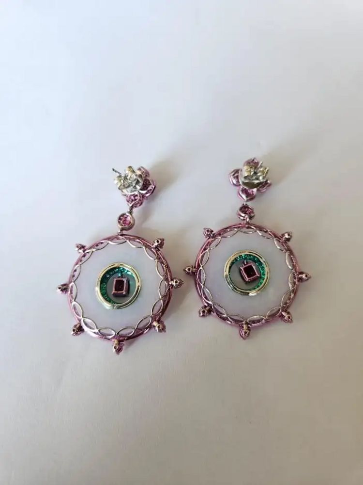 18k White Gold Handmade Diamond Dangle Earrings - Natural Spinel, Ruby, Pink Sapphires, Lavender Jade Earrings