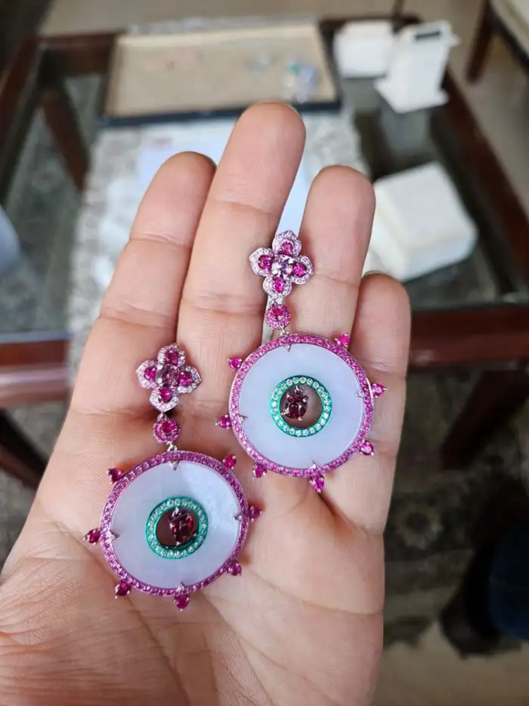 18k White Gold Handmade Diamond Dangle Earrings - Natural Spinel, Ruby, Pink Sapphires, Lavender Jade Earrings