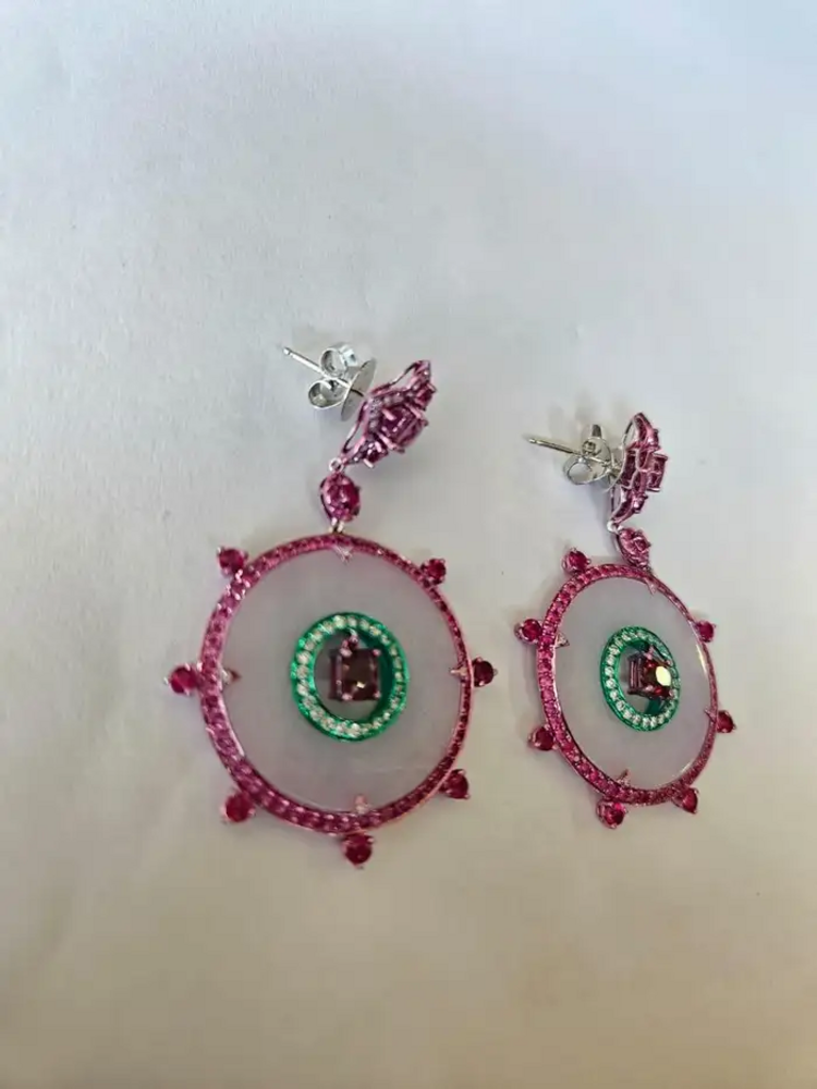 18k White Gold Handmade Diamond Dangle Earrings - Natural Spinel, Ruby, Pink Sapphires, Lavender Jade Earrings