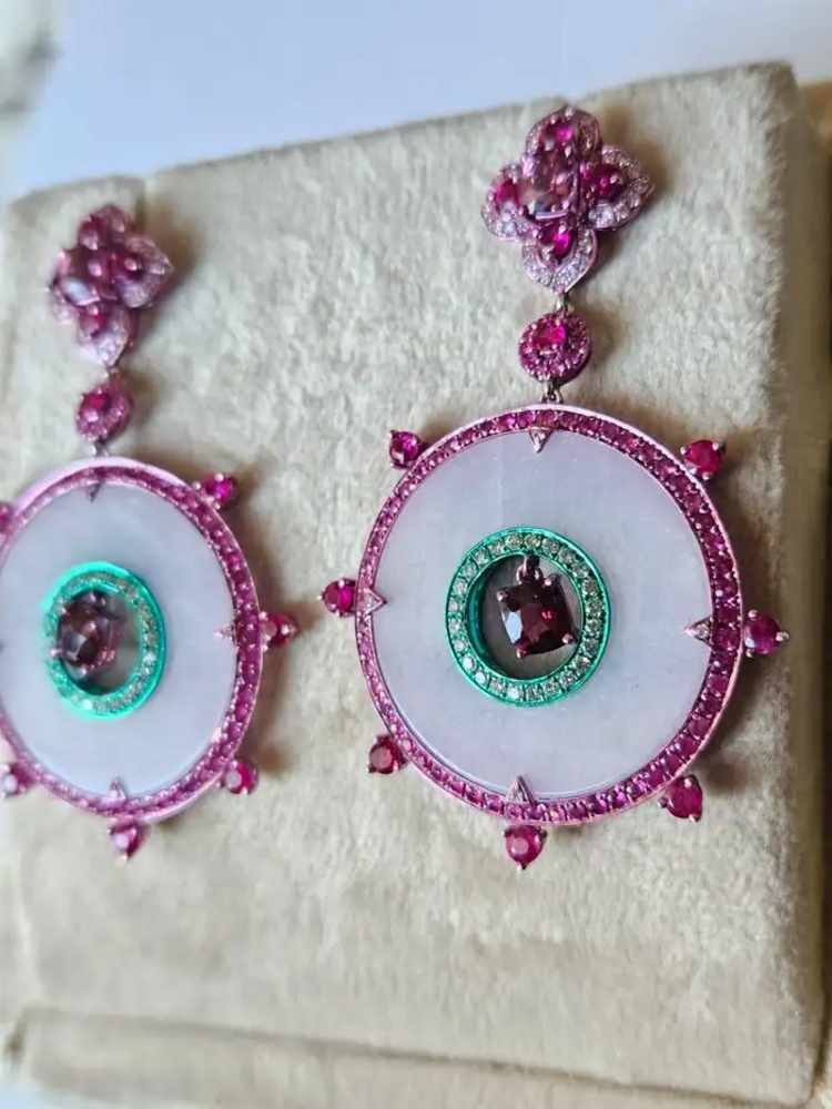 18k White Gold Handmade Diamond Dangle Earrings - Natural Spinel, Ruby, Pink Sapphires, Lavender Jade Earrings