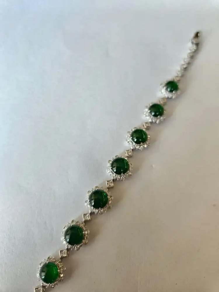 7.70 Ct. Burmese Jadeite & Diamond Bracelet - 18k White Gold Handmade Women Bracelet