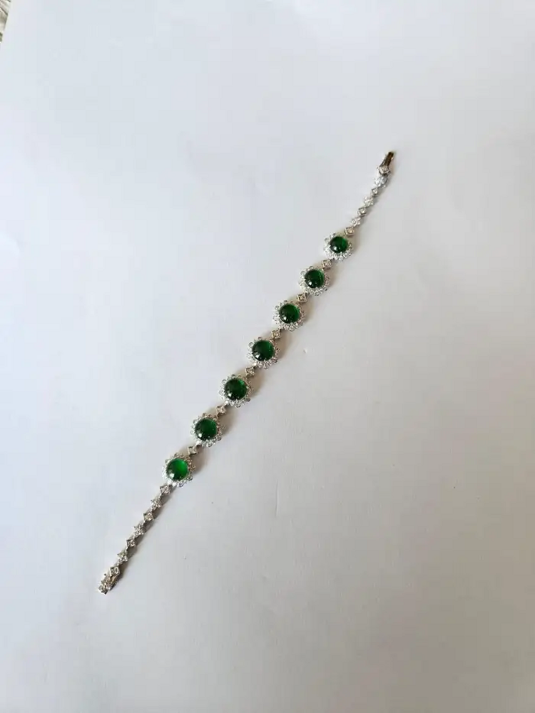 7.70 Ct. Burmese Jadeite & Diamond Bracelet - 18k White Gold Handmade Women Bracelet