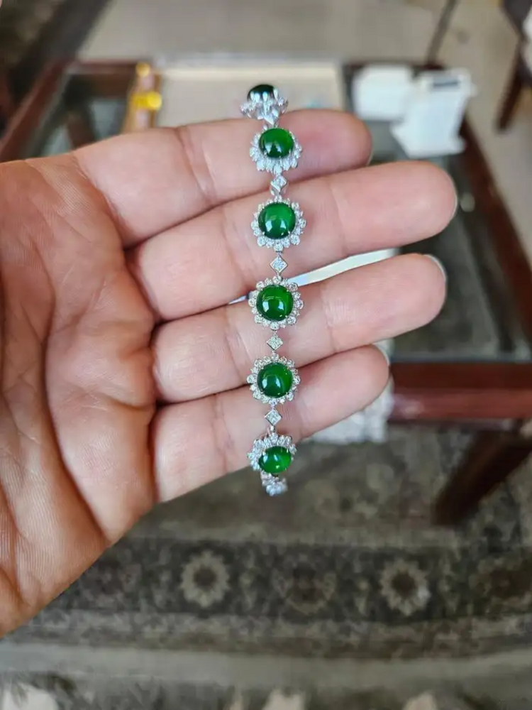 7.70 Ct. Burmese Jadeite & Diamond Bracelet - 18k White Gold Handmade Women Bracelet