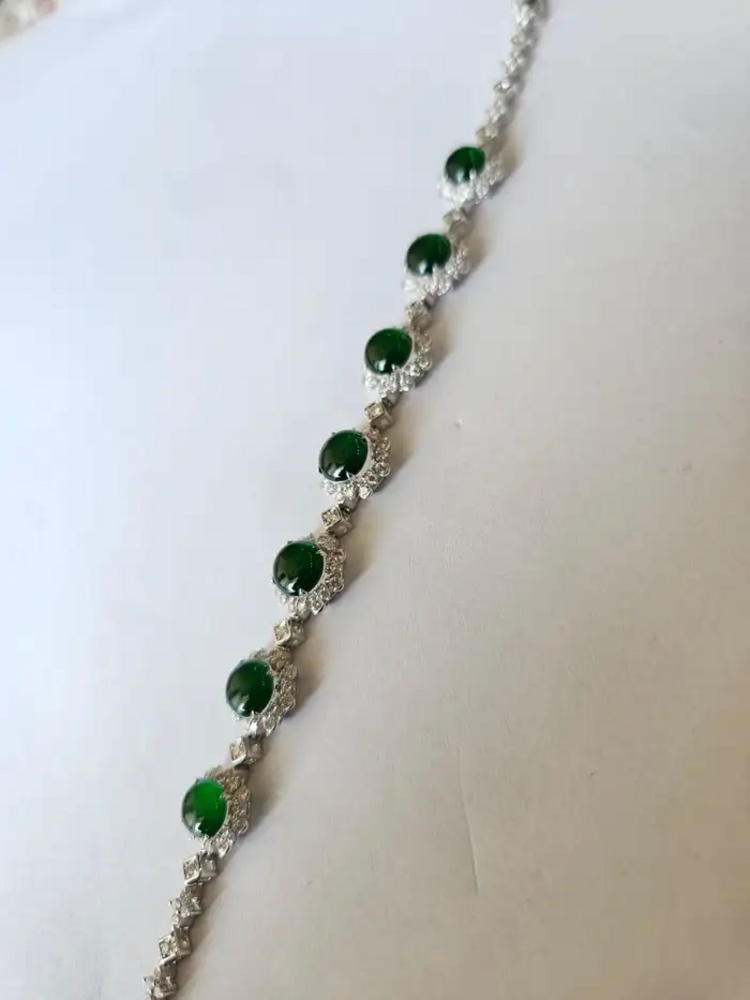 7.70 Ct. Burmese Jadeite & Diamond Bracelet - 18k White Gold Handmade Women Bracelet