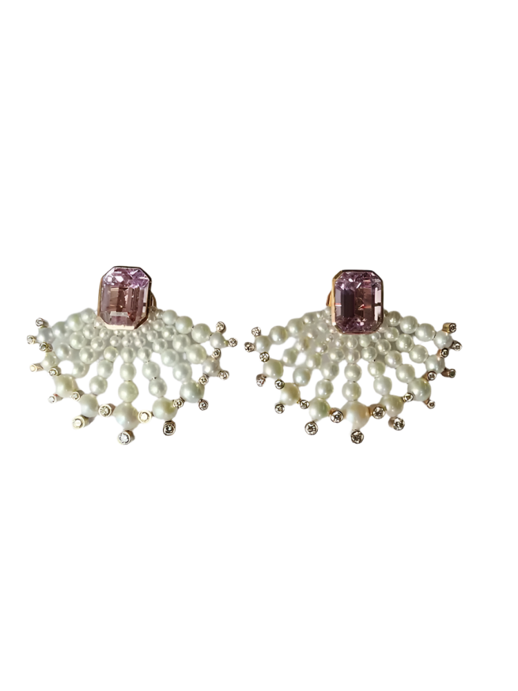 18k Rose Gold Handmade Diamond Stud Earrings - Natural Kunzite & Freshwater Pearls Designer Stud Earrings