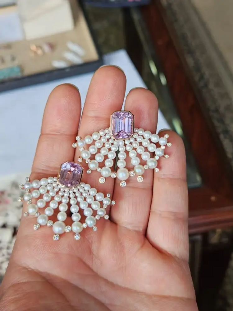 18k Rose Gold Handmade Diamond Stud Earrings - Natural Kunzite & Freshwater Pearls Designer Stud Earrings