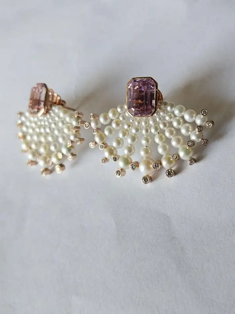 18k Rose Gold Handmade Diamond Stud Earrings - Natural Kunzite & Freshwater Pearls Designer Stud Earrings
