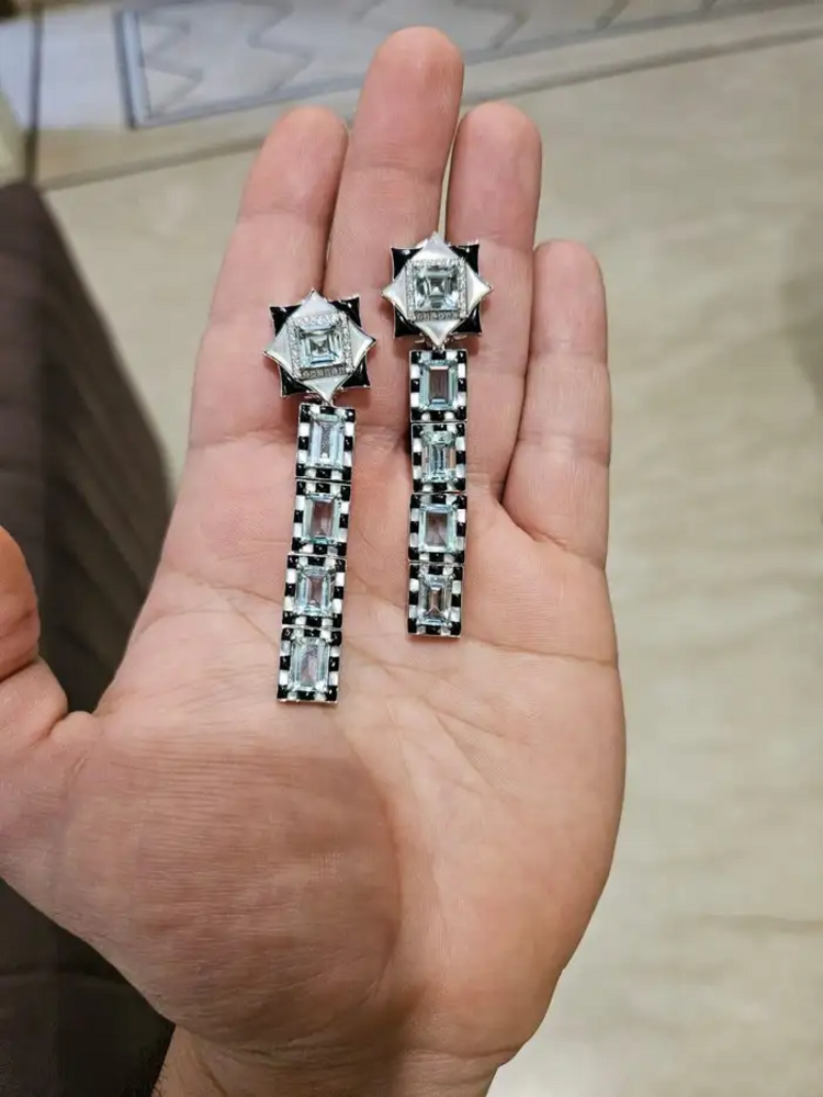 Natural Aquamarine & Black Onyx Dangle Earrings - 18k White Gold Diamond Wedding Earrings