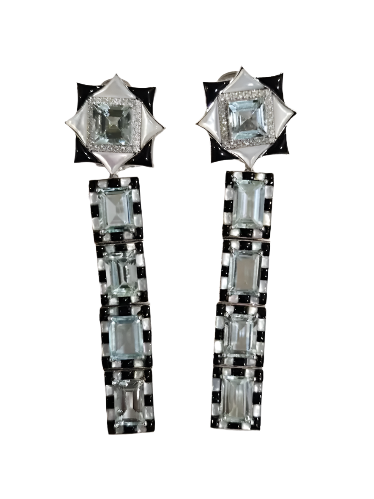 Natural Aquamarine & Black Onyx Dangle Earrings - 18k White Gold Diamond Wedding Earrings