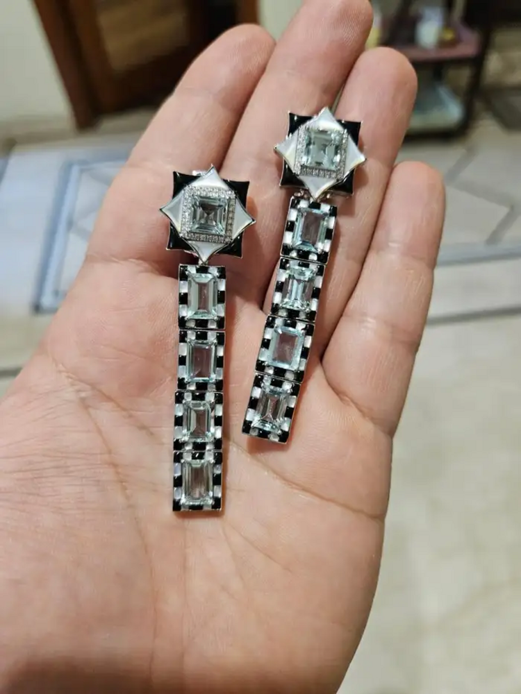 Natural Aquamarine & Black Onyx Dangle Earrings - 18k White Gold Diamond Wedding Earrings