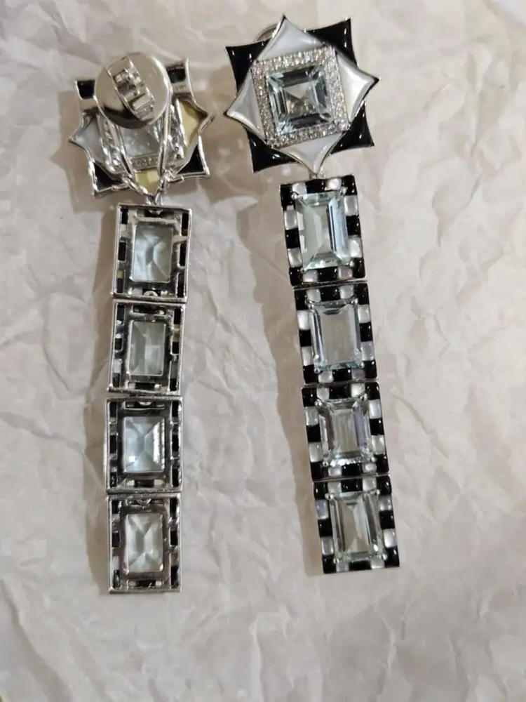 Natural Aquamarine & Black Onyx Dangle Earrings - 18k White Gold Diamond Wedding Earrings