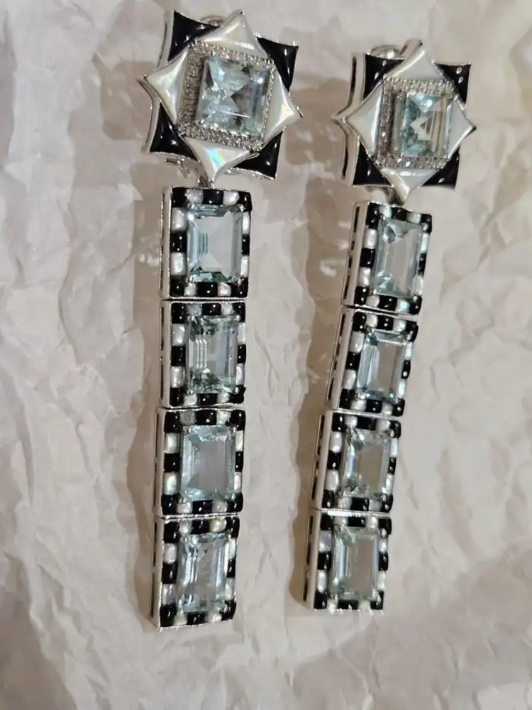 Natural Aquamarine & Black Onyx Dangle Earrings - 18k White Gold Diamond Wedding Earrings