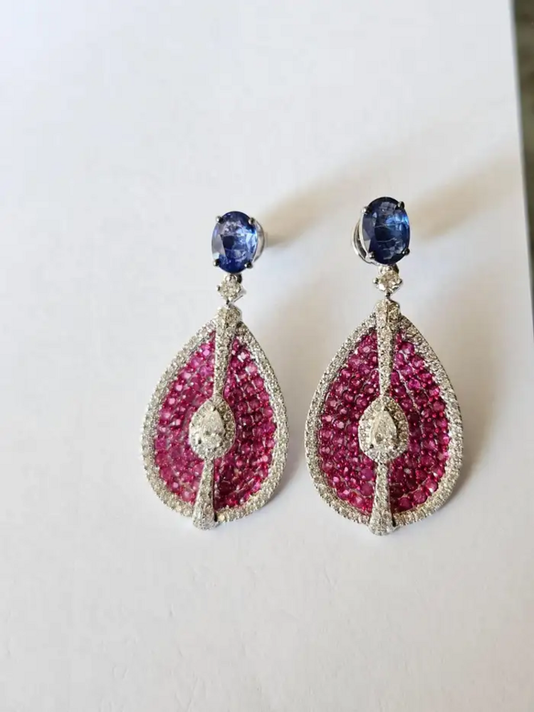 Ceylon Pink & Blue Sapphire Dangle Earrings - 18k White Gold & Rose Cut Diamond Women Earrings