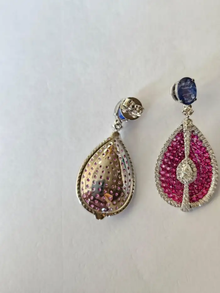 Ceylon Pink & Blue Sapphire Dangle Earrings - 18k White Gold & Rose Cut Diamond Women Earrings
