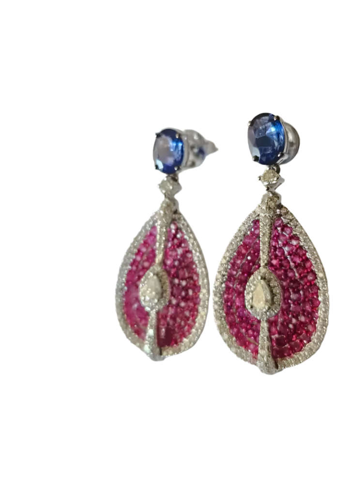Ceylon Pink & Blue Sapphire Dangle Earrings - 18k White Gold & Rose Cut Diamond Women Earrings