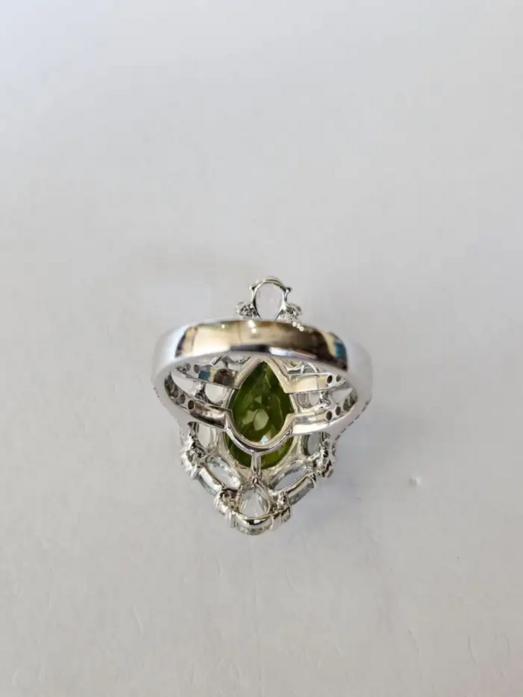 Natural Tourmaline & White Sapphire Ring - 18k White Gold Diamond Handmade Ring