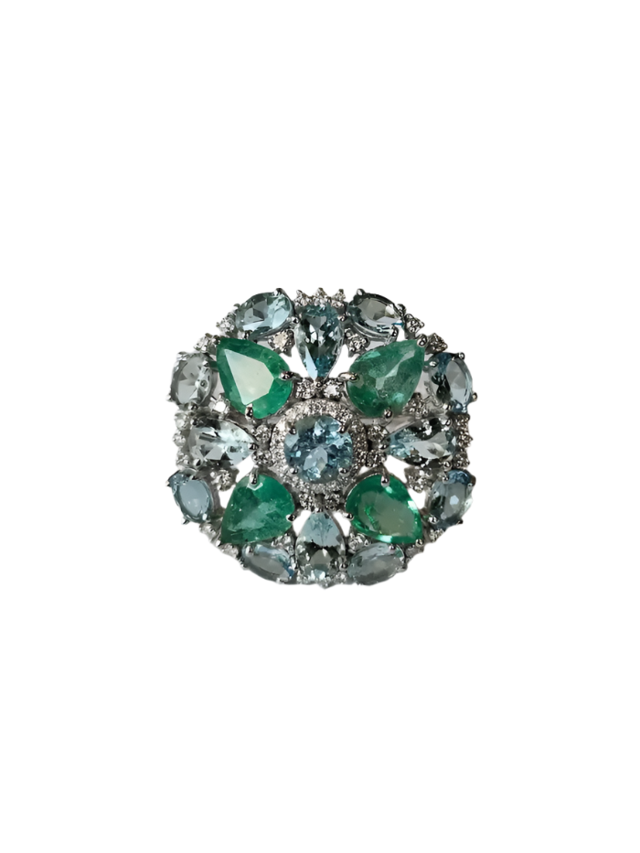 Colombian Emerald & Aquamarine Gemstone Statement Ring - 18k White Gold Diamond Cocktail Ring