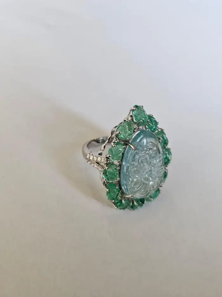 Carved Aquamarine & Zambian Emerald Cocktail Ring - 18k White Gold Handmade Diamond Ring