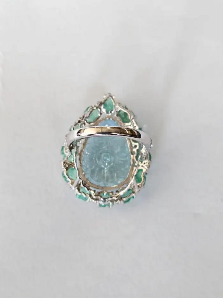 Carved Aquamarine & Zambian Emerald Cocktail Ring - 18k White Gold Handmade Diamond Ring