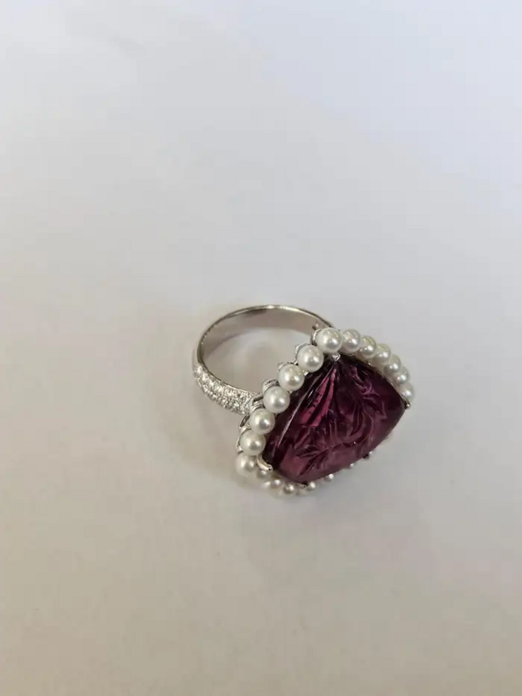 18k White Gold Carved Tourmaline Statement Ring - 10.67 Ct. Carved Tourmaline & Fresh Water Pearl Ring