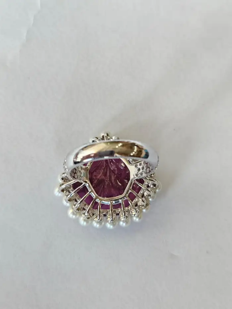 18k White Gold Carved Tourmaline Statement Ring - 10.67 Ct. Carved Tourmaline & Fresh Water Pearl Ring