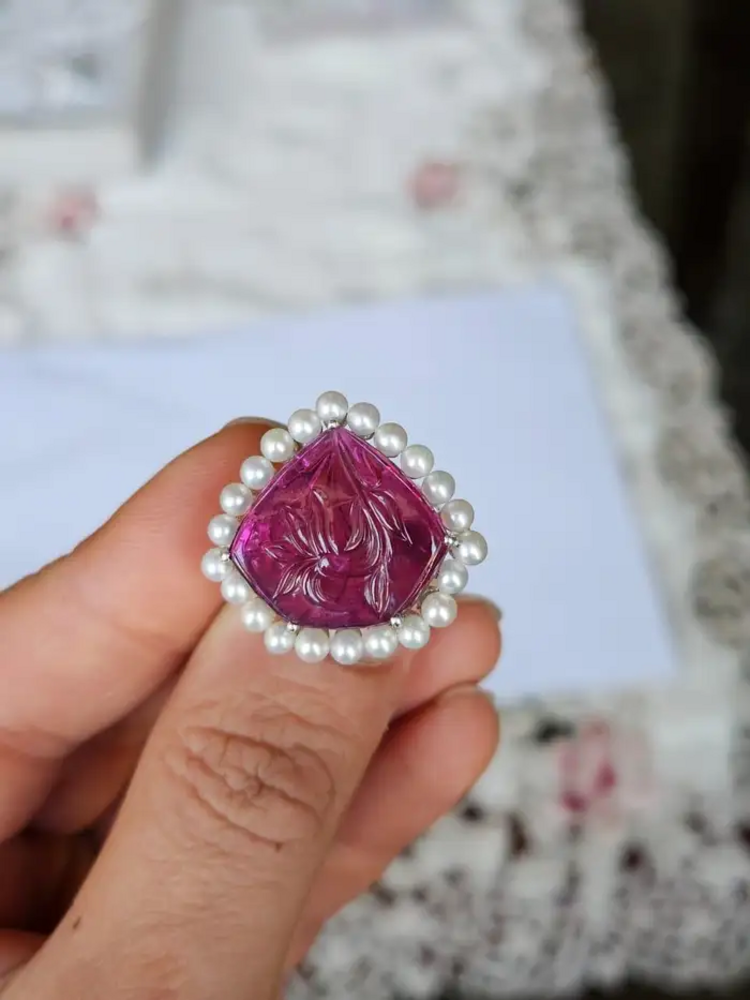 18k White Gold Carved Tourmaline Statement Ring - 10.67 Ct. Carved Tourmaline & Fresh Water Pearl Ring