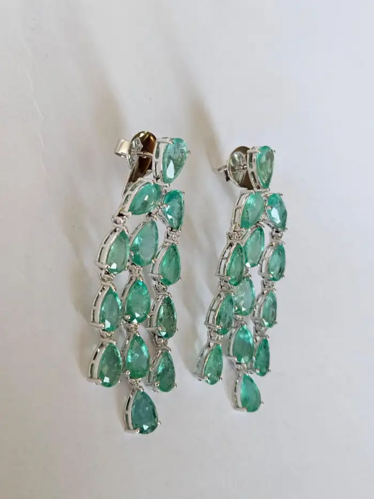 Natural Colombian Emerald Dangle Earrings - 18k White Gold Diamond Chandelier Earrings for Women