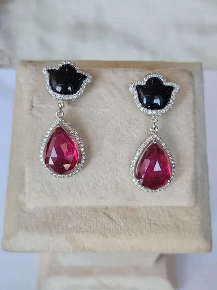 Natural Pear Shape Tourmaline & Black Onyx Gemstone Dangle Earrings - 18k White Gold Diamond Handmade Earrings