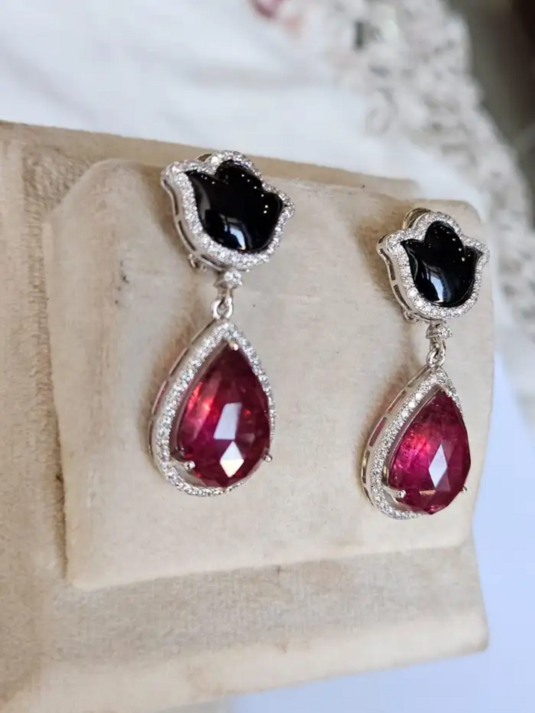 Natural Pear Shape Tourmaline & Black Onyx Gemstone Dangle Earrings - 18k White Gold Diamond Handmade Earrings