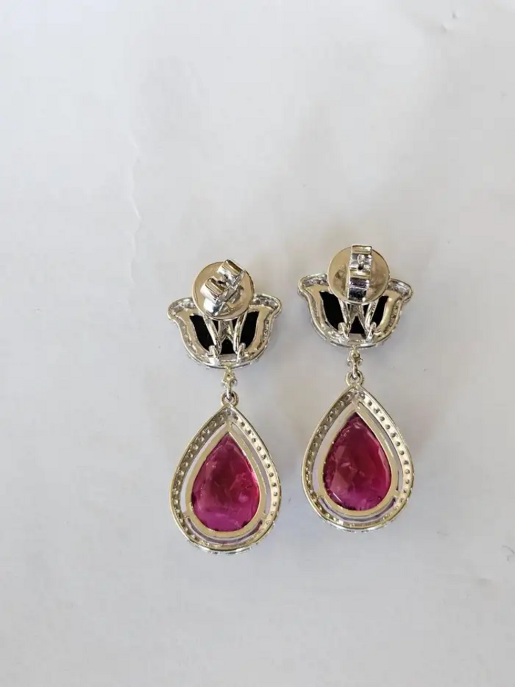 Natural Pear Shape Tourmaline & Black Onyx Gemstone Dangle Earrings - 18k White Gold Diamond Handmade Earrings