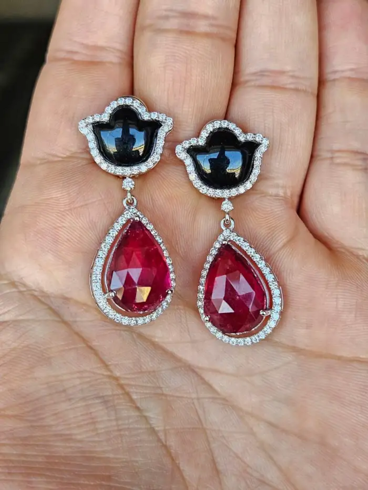 Natural Pear Shape Tourmaline & Black Onyx Gemstone Dangle Earrings - 18k White Gold Diamond Handmade Earrings