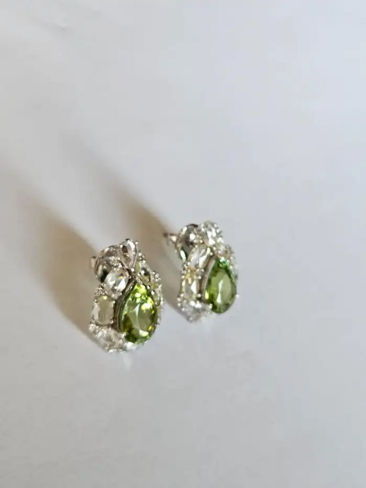 Natural Pear Shape Tourmaline & White Sapphire Stud Earrings - 18k White Gold Diamond Earrings